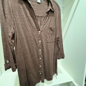 Chico's Linen Brown Tunic Tunic Button-Up Shirt, Size 2